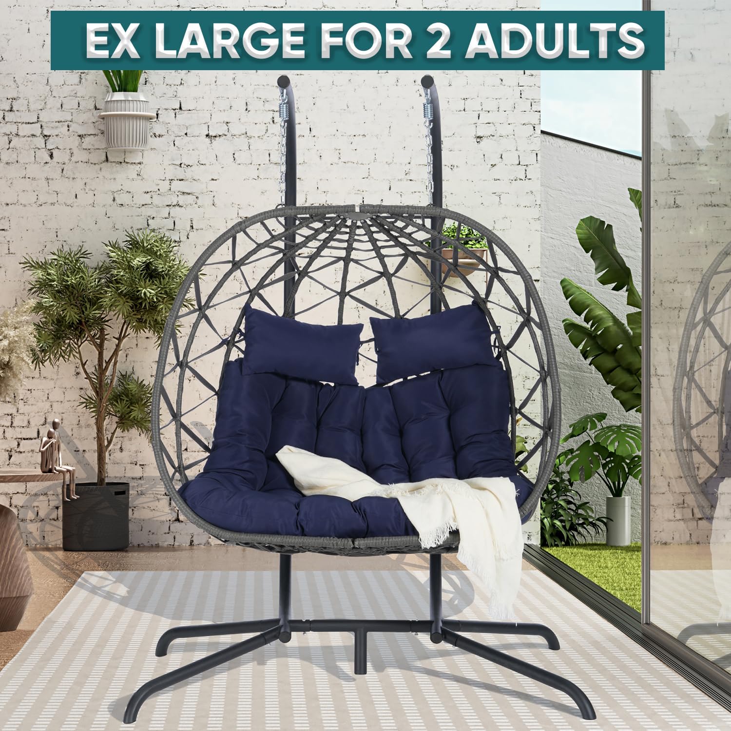 JOYBASE Double Swing Egg Chair with Stand, 2-Person Hanging Egg Chair Wicker Rattan Oversized Swinging Chair for Outdoor Indoor Garden Patio (Dark Blue Cushion and Grey Rattan)