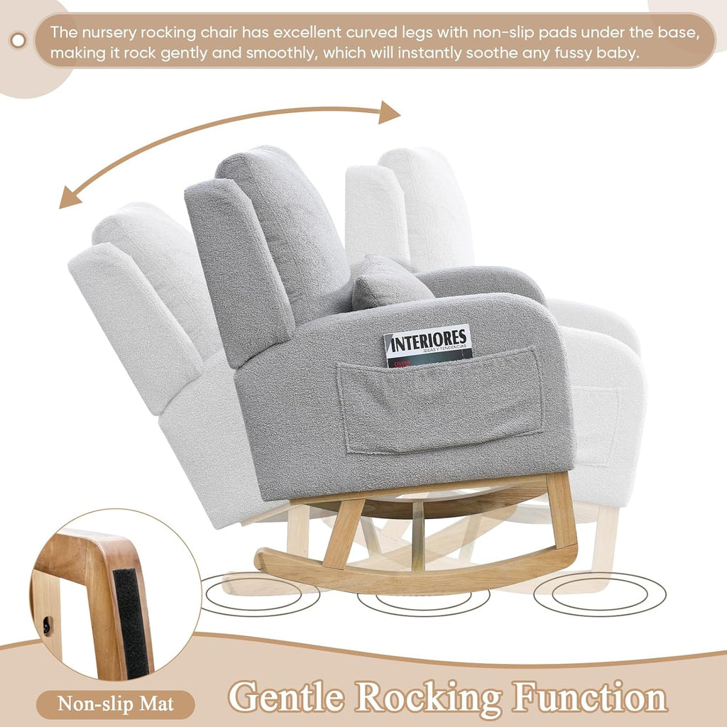 Rocking Glider Chair for Nursery, Wingback Accent Rocker Chair Upholstered Tall Back Arm Chair w/Side Pockets, Modern Leisure Single Sofa for Living Room, Hotel, Bedroom, Baby Room, Grey