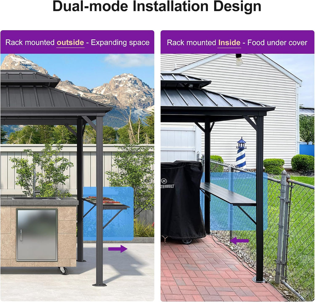 PURPLE LEAF 6.5' X 12' Hardtop Grill Gazebo for Patio Permanent Aluminum Barbeque Shelter with Ceiling Hook and Shelves Double Tiered Grey Outdoor BBQ Gazebo