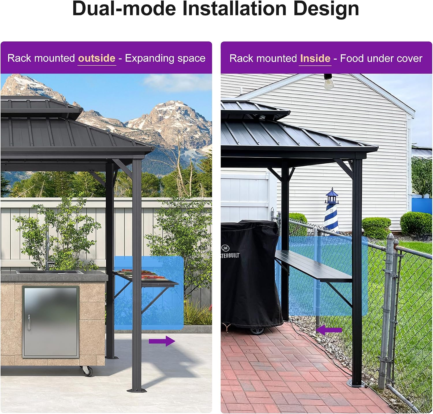 PURPLE LEAF 6.5' X 12' Hardtop Grill Gazebo for Patio Permanent Aluminum Barbeque Shelter with Ceiling Hook and Shelves Double Tiered Grey Outdoor BBQ Gazebo