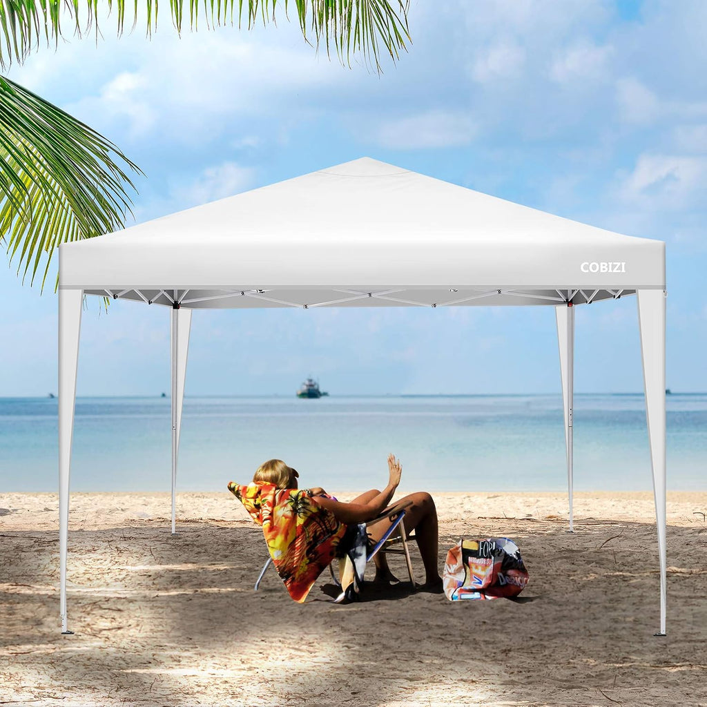 COBIZI 10'x10' Pop Up Canopy Tent Straight Leg Commercial Instant Canopy Pop Up Canopy with Sidewalls Outdoor Sun Shade Event Tent for Camping Garden Party Beach, Canopy Bags x1, (Off White)