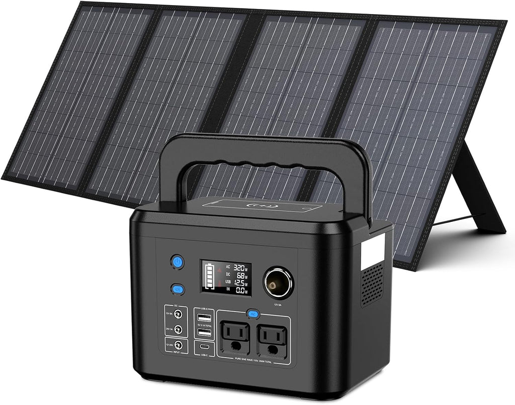 350W Portable Solar Generator with 60W Solar Panel, Powkey 70,000mAh Backup Lithium Battery, 110V/350W Pure Sine Wave AC Outlet, Power Station with Solar Panel for Outdoors Camping Travel Hunting