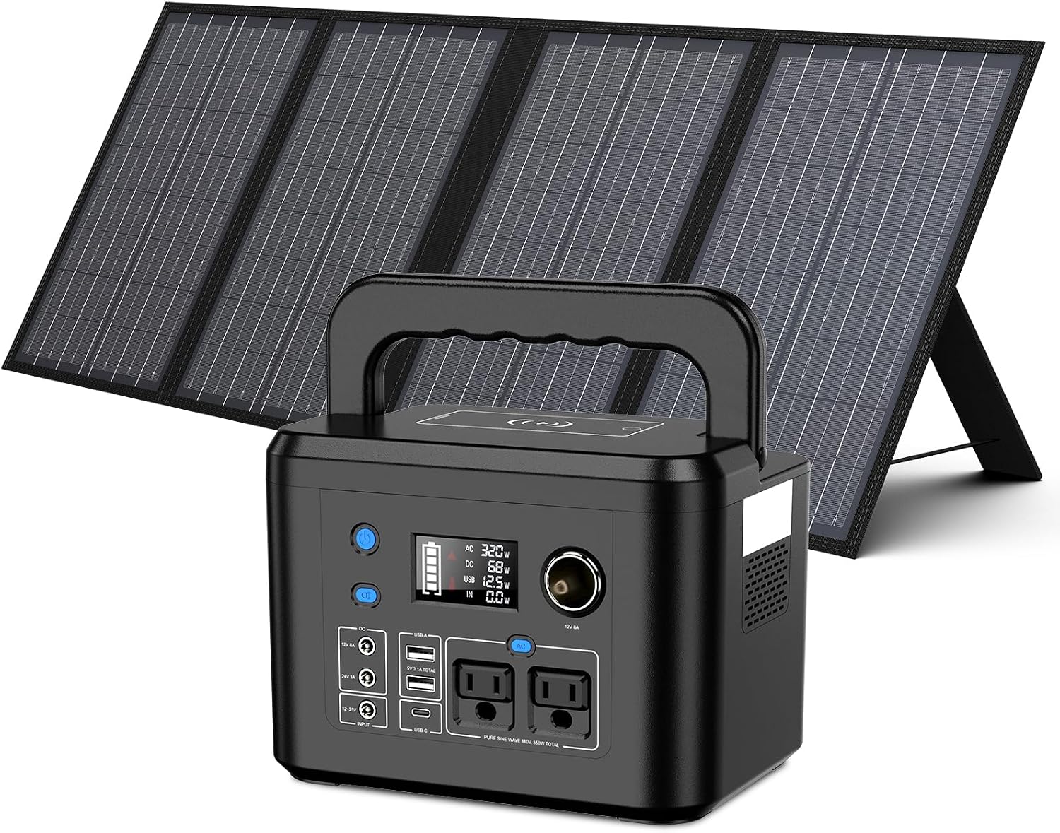 350W Portable Solar Generator with 60W Solar Panel, Powkey 70,000mAh Backup Lithium Battery, 110V/350W Pure Sine Wave AC Outlet, Power Station with Solar Panel for Outdoors Camping Travel Hunting