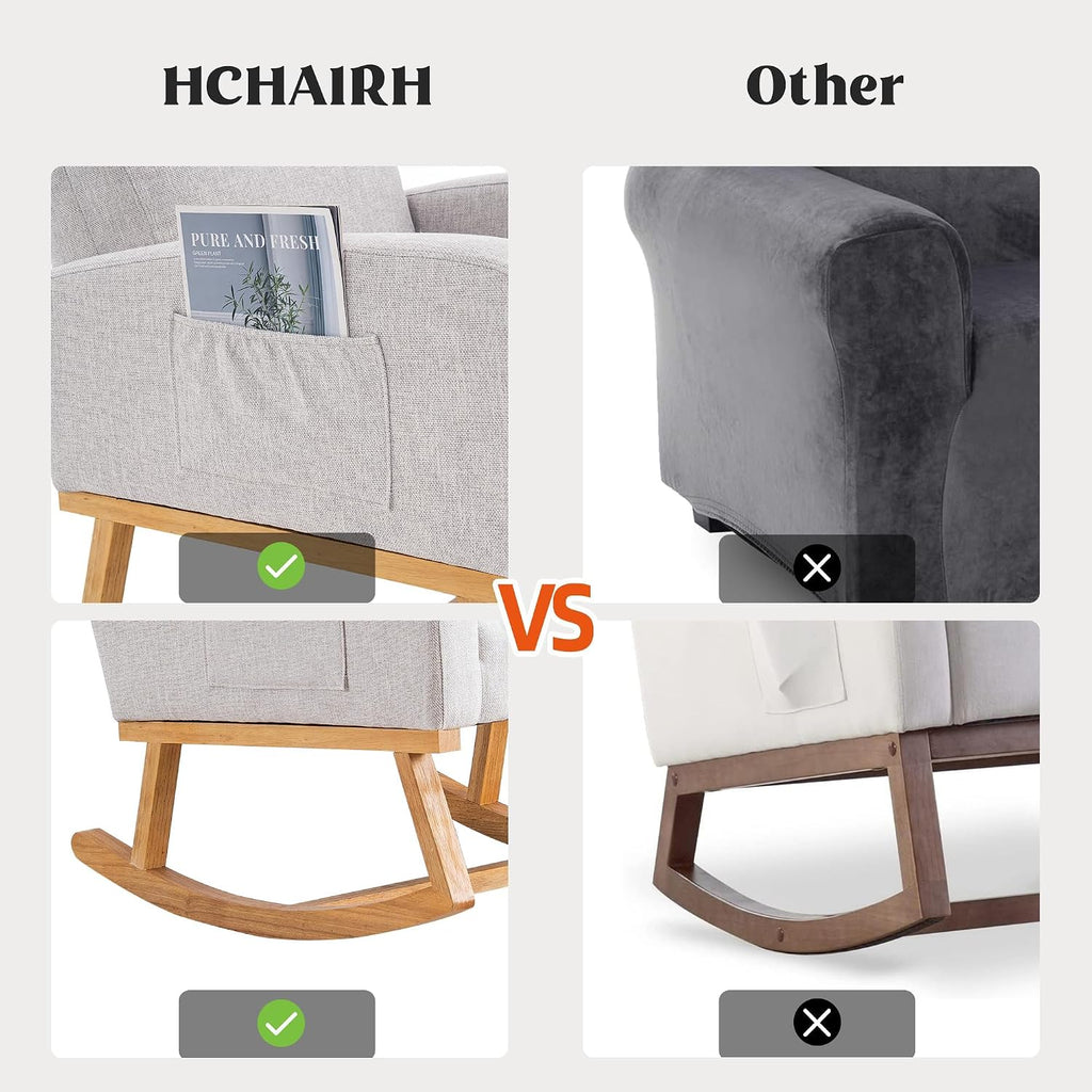 HCHAIRH Rocking Chair Nursery, Nursing Rocking Chairs, Upholstered Nursery Glider Rocker for Mom Nursery Morden Rocking Chair with Side Pocket for Living Room,Bedroom，Light Gray