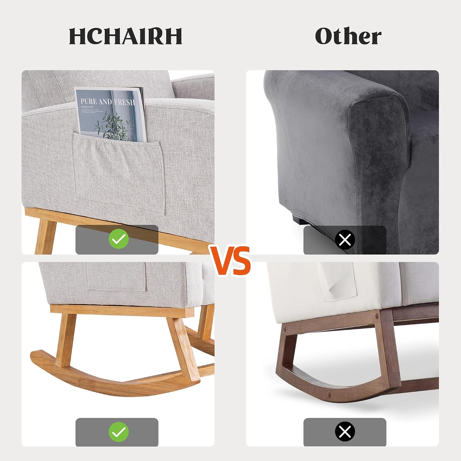 HCHAIRH Rocking Chair Nursery, Nursing Rocking Chairs, Upholstered Nursery Glider Rocker for Mom Nursery Morden Rocking Chair with Side Pocket for Living Room,Bedroom，Light Gray
