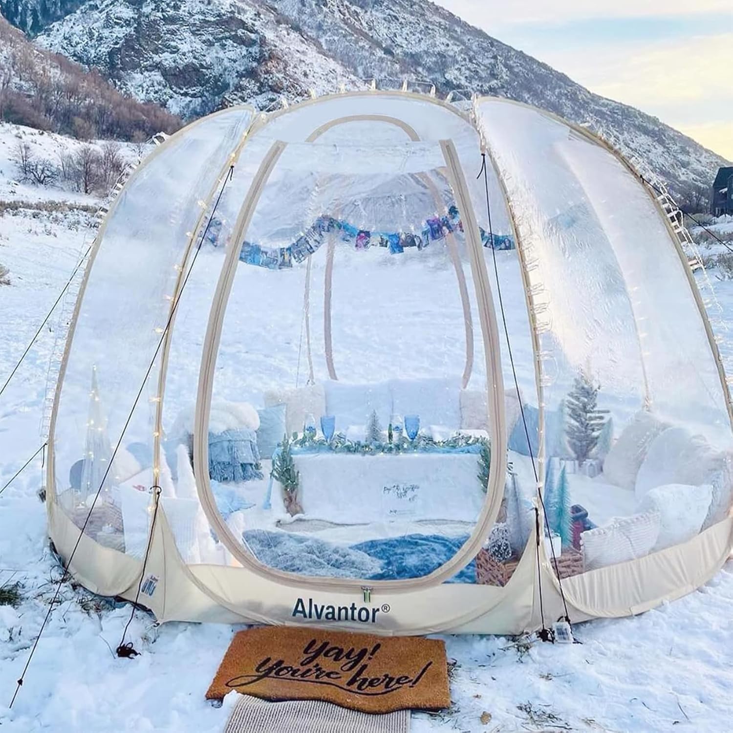 Alvantor® Pop Up Bubble Tent® - 12' x 12' Instant Igloo Tent® - 8-10 Person Screen House for Patios - Large Oversize Weather Proof Pod - Cold Protection Camping - Beige