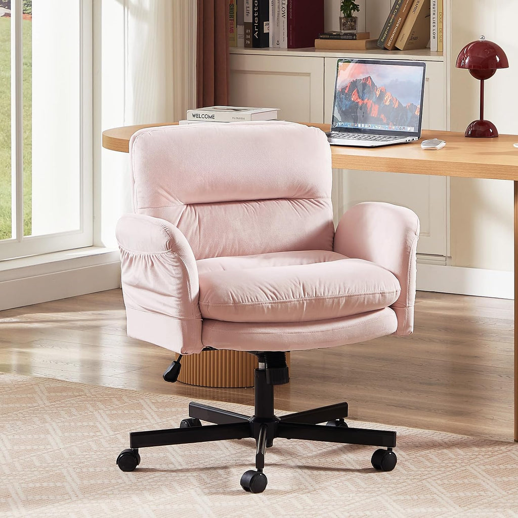 Bestier Criss Cross Chair with Flip-Up Armrests, Swivel Makeup Vanity Chair with Wheels & Side Pockets, Cross Legged Office Chair for Home Office, Bedroom, Pink Velvet