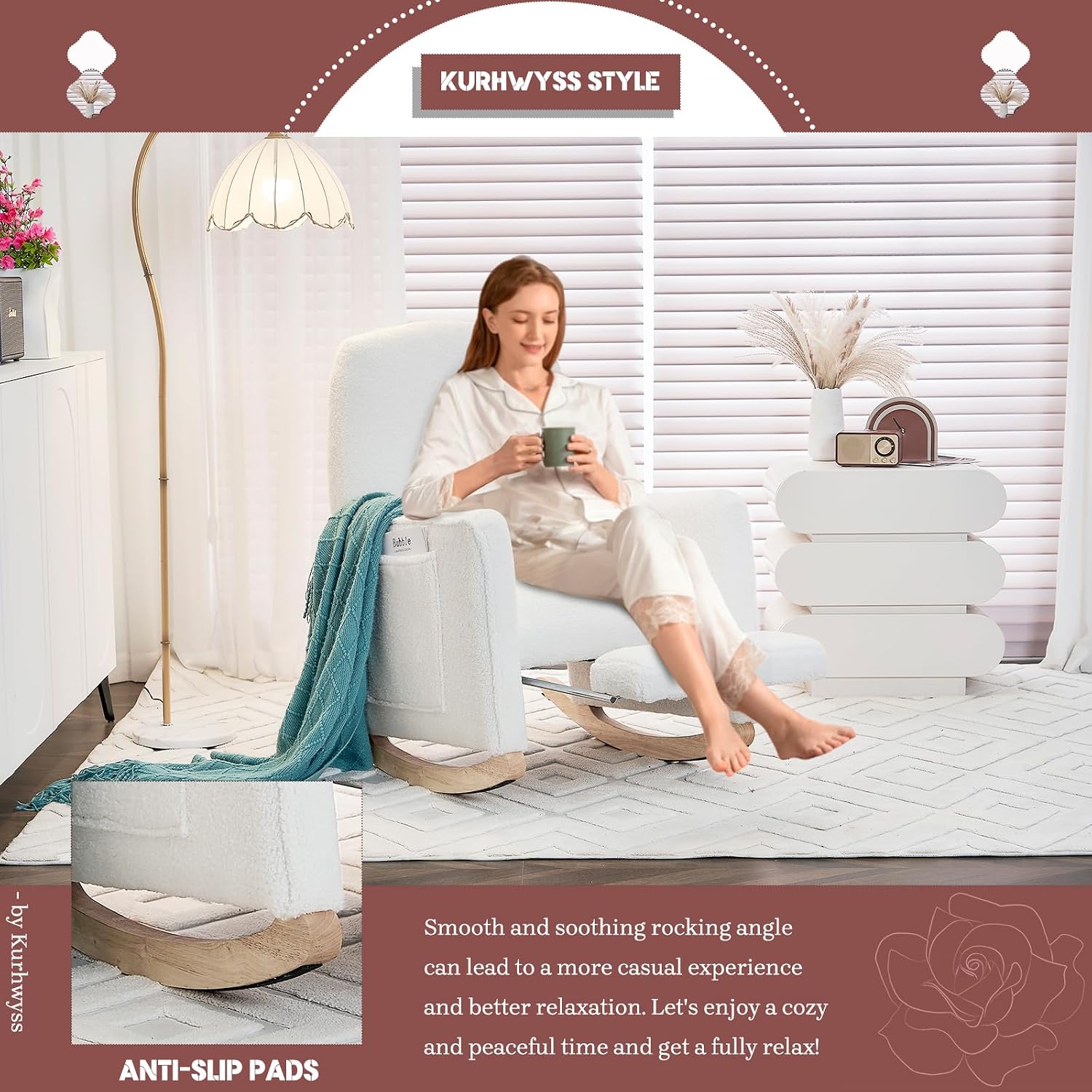 Modern Rocking Chair Nursery, Comfy Glider Nursery Chair with Foot Rest, Upholstered Rocker with Pocket, Accent Reading Armchair with Solid Wood Base for Living Room, Bedroom, Lounge Room (Ivory)
