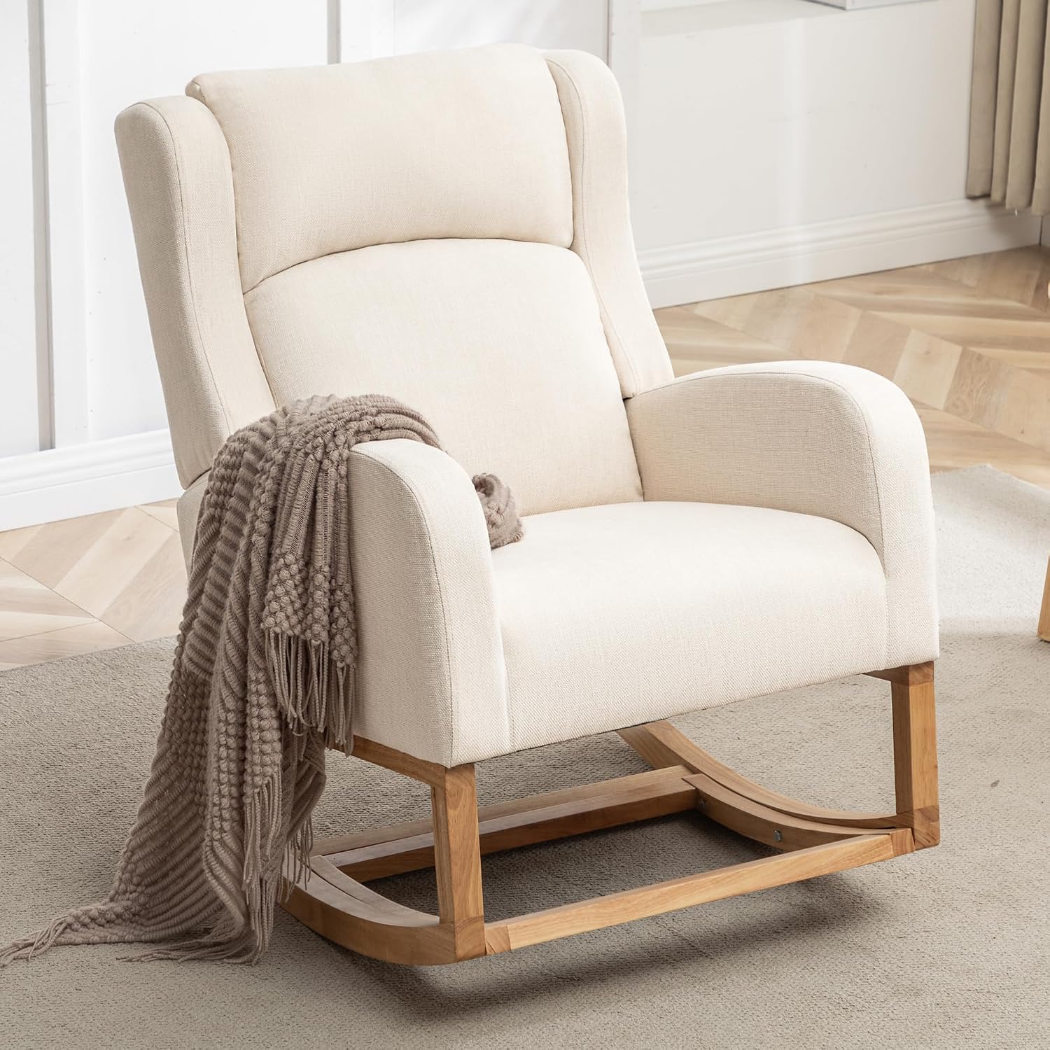 HCHAIRH Rocking Chair Nursery, Nursing Rocking Chairs for Mom Nursery, Comfy Wingback Glider Rocking Armchair with Foot Rest and Side Pocket for Nursery Living Room Bedroom, Beige