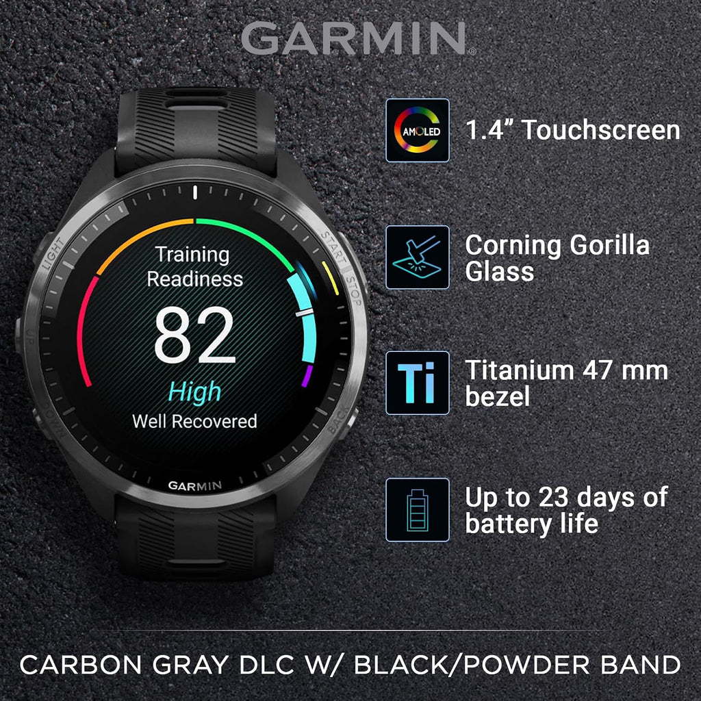 Garmin Forerunner 965 Premium GPS Running and Triathlon 47mm Smartwatch with AMOLED Touchscreen Display, Carbon Gray DLC Titanium Bezel with Black Silicone Band with Black Earbuds.
