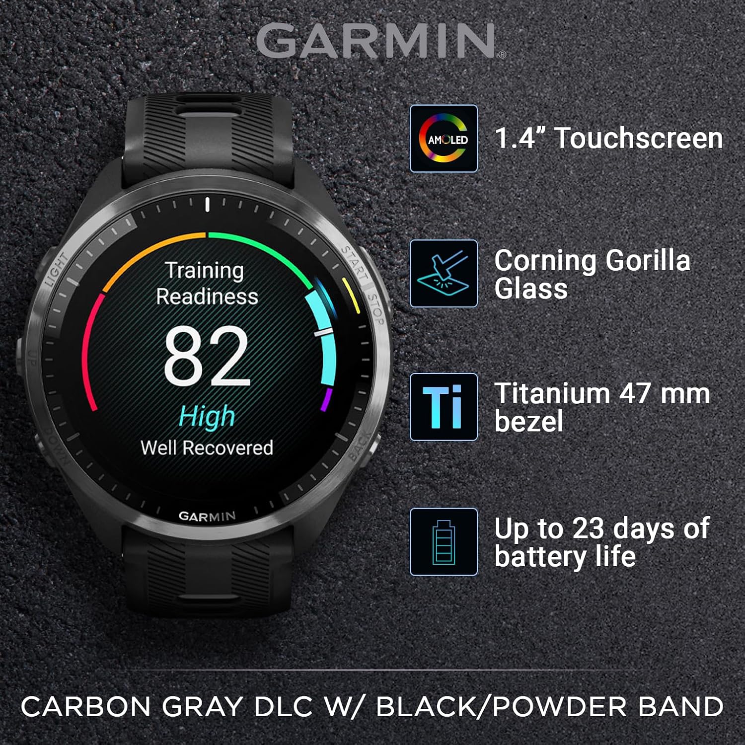 Garmin Forerunner 965 Premium GPS Running and Triathlon 47mm Smartwatch with AMOLED Touchscreen Display, Carbon Gray DLC Titanium Bezel with Black Silicone Band with Black Earbuds.