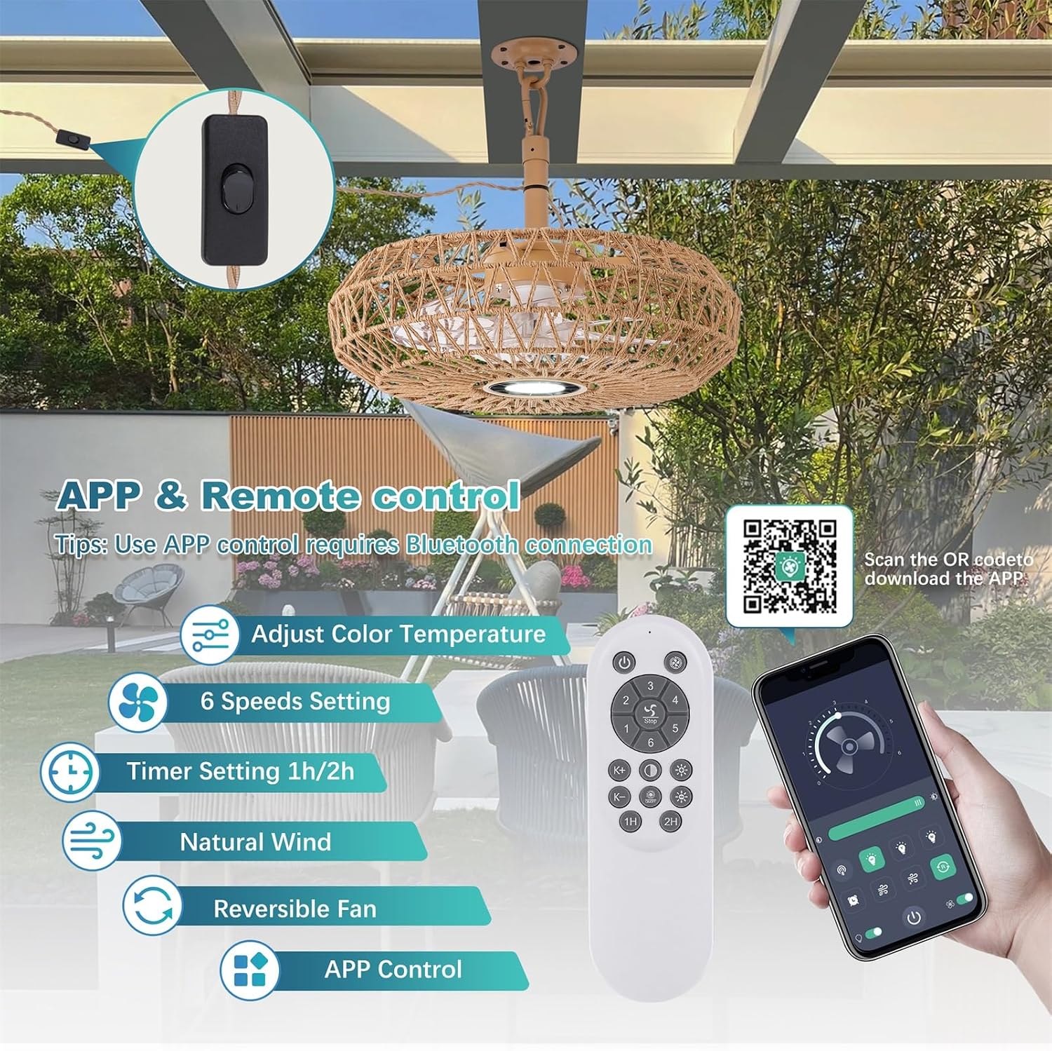 20'' Outdoor Gazebo Fan with Light, Outside/Indoor Hanging Rattan Ceiling Fan with Remote&APP Control, 3CCT Dimmable, 6-Speed DC Motor, Plug-in Wicker Woven Caged Ceiling Fans for Pergola Patio
