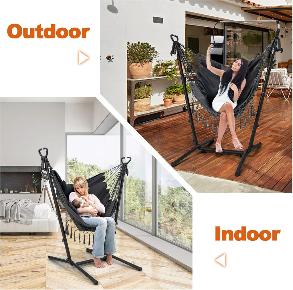 Giantex Hanging Swing with Stand - Hammock Chair with Phone Holder, Pillow, Storage Pocket, Carrying Bag, 6 Adjustable Height, Heavy Duty Metal Hammock for Patio Garden Yard, 550 lbs Capacity