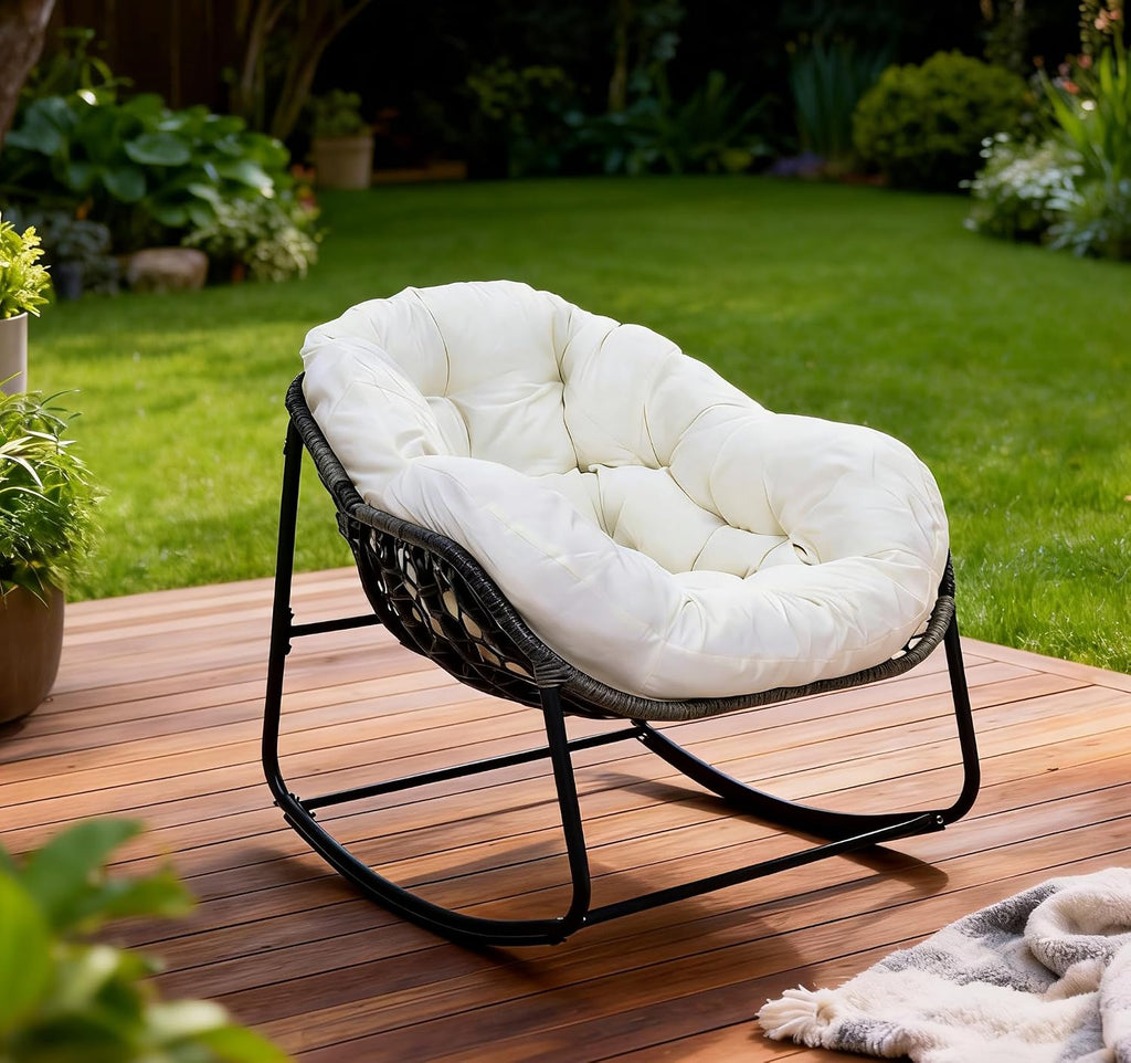 Deluxe Patio Rocking Chair with Padded Cushion, Oversized Rattan Egg Rocking Chair, Indoor & Outdoor, Rocker Recliner Chair for Front Porch, Garden, Patio, Backyard (61611842-1)
