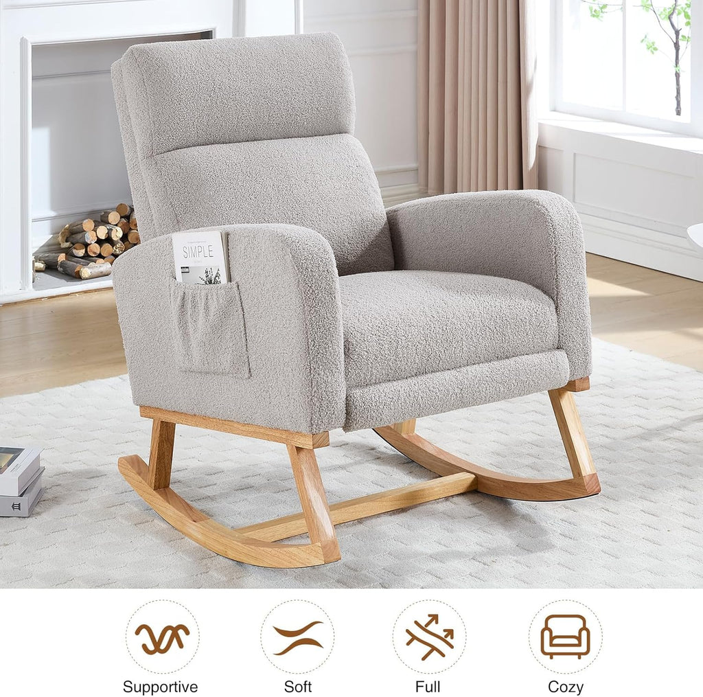HCHAIRH Rocking Chair Nursery with Foot Rest, Teddy Nursing Rocking Chairs for Mom Nursery, Rocker Glider Chair with Footrest for Living Room, Bedroom, Light Gray