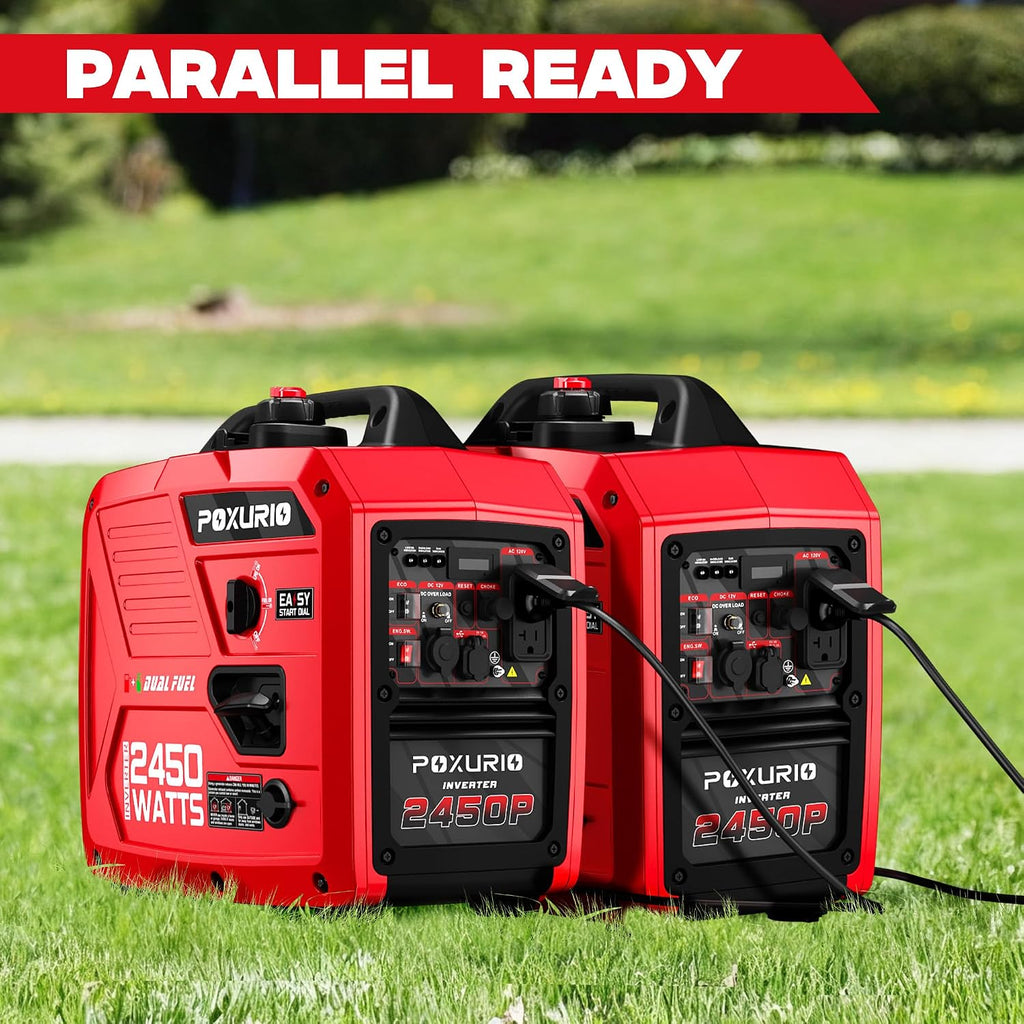 2450-Watt Dual Fuel Inverter Generator for Home Use, 1.6Gallon Large Fuel Tank Up to 8.3 Hours Use, 120V Gas Powered Generator Super Quiet - EPA Compliant, Red