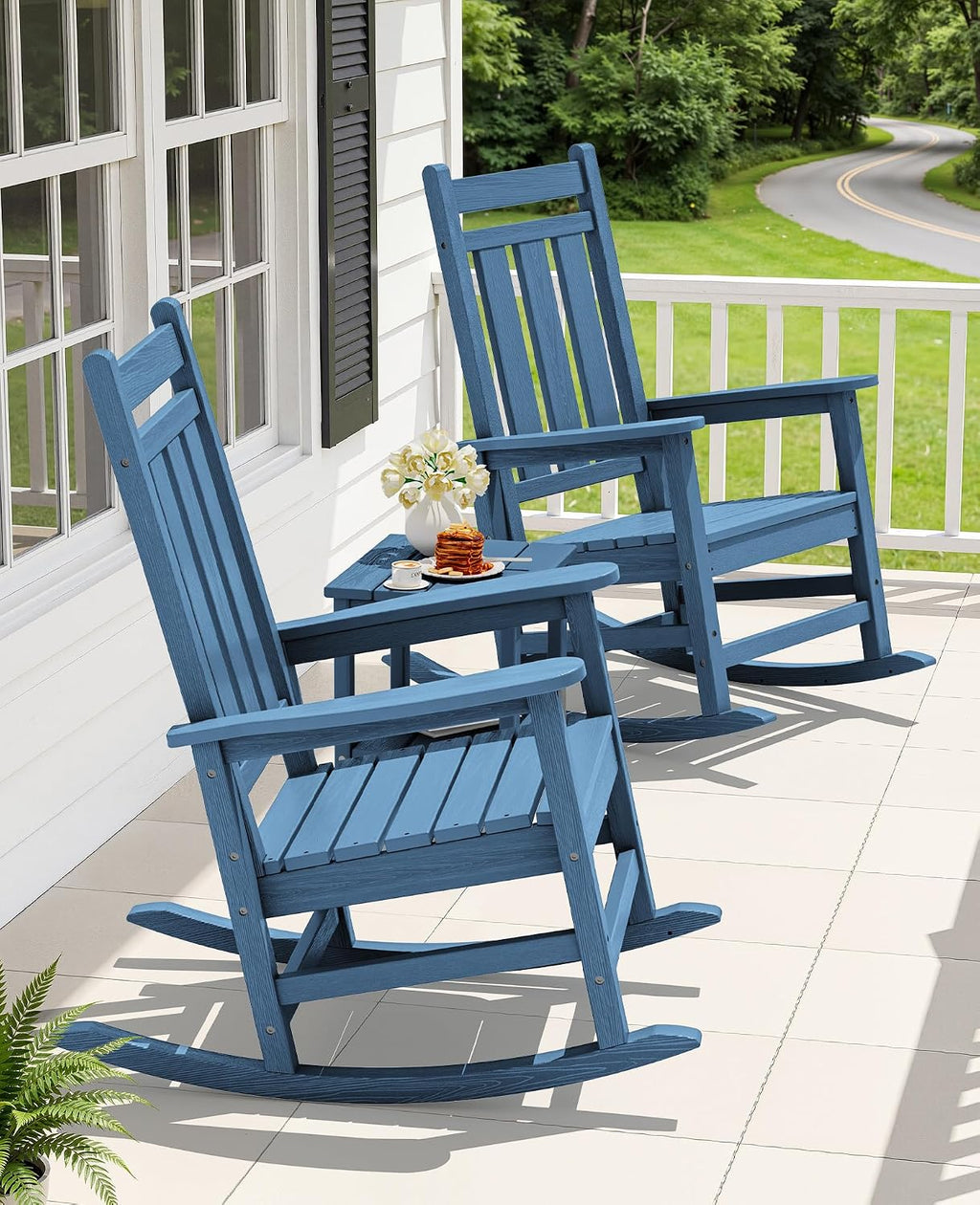 KINGYES Oversized Outdoor Rocking Chair Set of 2, All-Weather Patio Rocking Chairs for Porch, HDPE Outdoor Patio Rockers with High Back & Wide Seat for Garden, Lawn, Blue