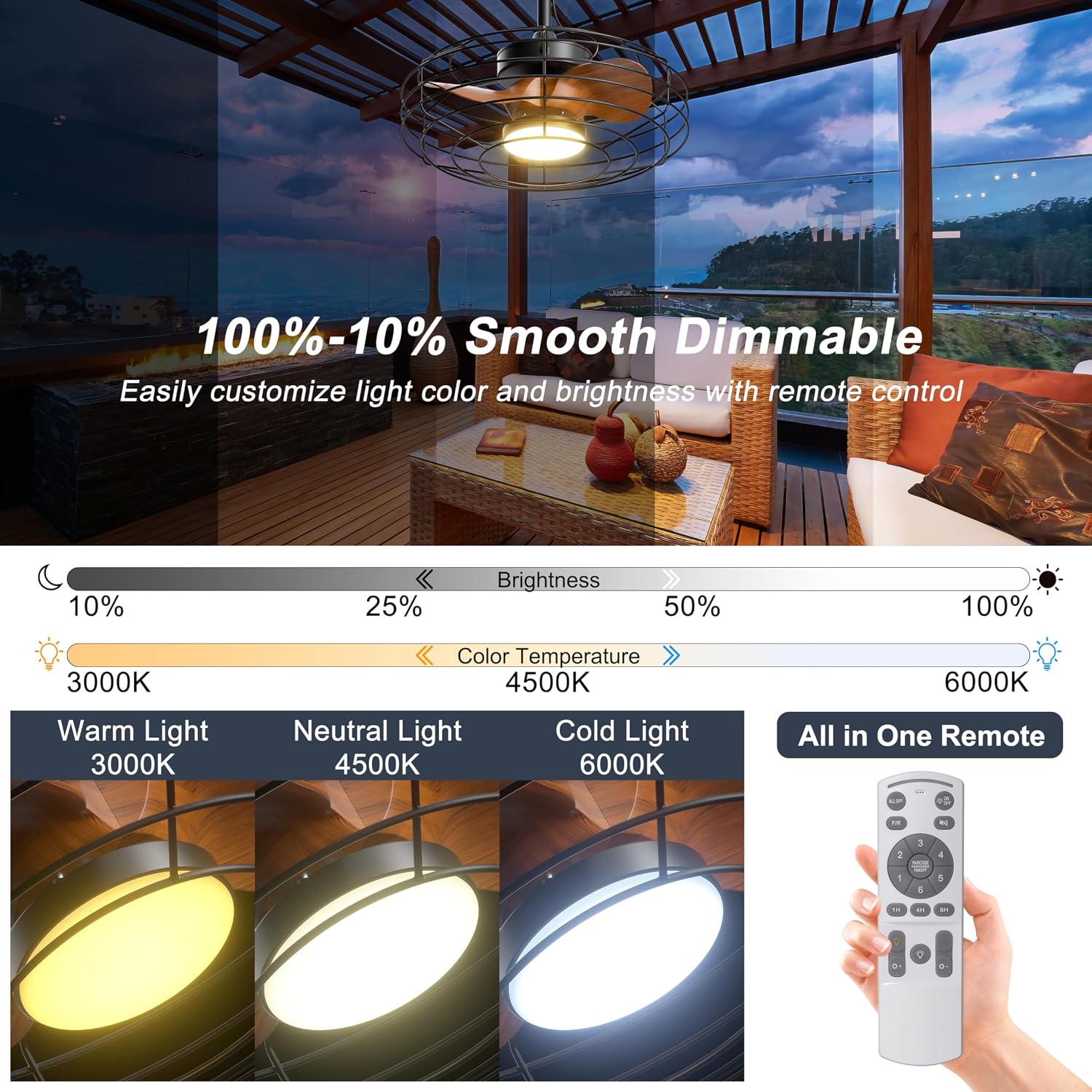 Coolbull Plug and Play Outdoor Ceiling Fans with Lights, 20'' Wet Rated Gazebo Fan Remote/APP Control, Dimmable Hanging Fan for Patio Pergola, Wood Color