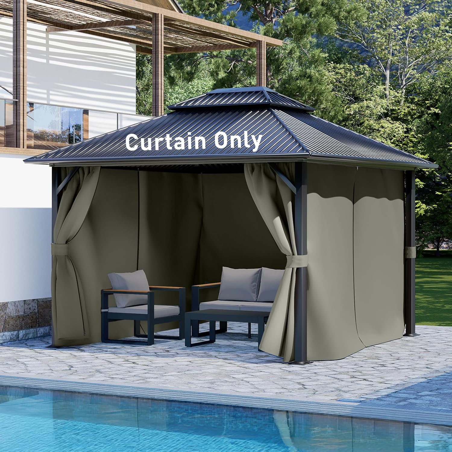 Aoodor 12x14 ft Outdoor Gazebo Curtains, 4 Panels Waterproof Privacy Sidewall Replacement with Zipper for Patio Pergola and Canopy, Gray