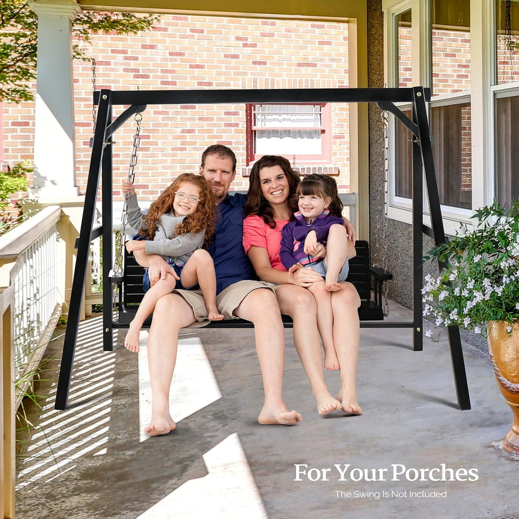 VINGLI 6.9FT Porch Swing Frame, 660 LBS Heavy Duty A-Frame Wooden Porch Swing Stand with Bottom Connection Bar for 5FT Porch Swing, Upgraded Wood Swing Hanger for Garden Patio (Black, 6.9FT)