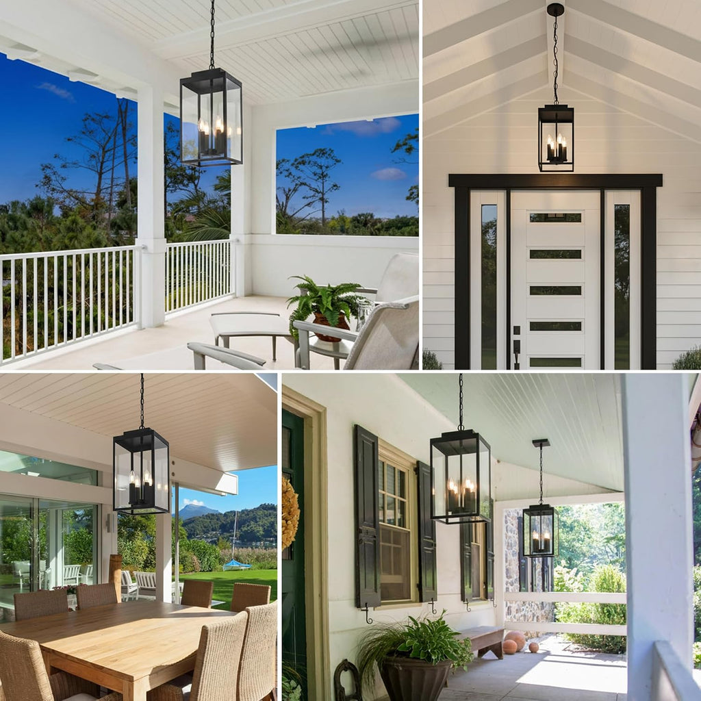 MELUCEE Large Outdoor Pendant Light Fixtures 4-Light, Farmhouse Exterior Hanging Lantern Porch Light, Black Hanging Lamp Ceiling Mount Outdoor Chandelier for Porch Patio Gazebo Entrance