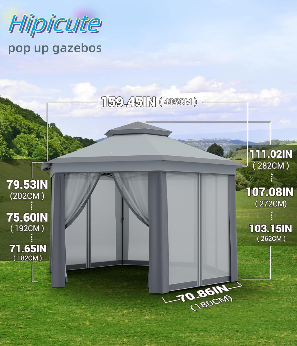 Hipicute 13 x 13 Ft Pop Up Hexagonal Gazebo, Outdoor Canopy Shelter, Pop up Gazebos Tent with Netting and Strong Steel Frame for Patio Lawn Backyard and Deck - Gray
