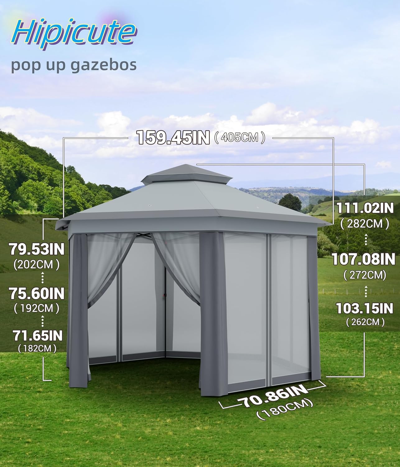 Hipicute 13 x 13 Ft Pop Up Hexagonal Gazebo, Outdoor Canopy Shelter, Pop up Gazebos Tent with Netting and Strong Steel Frame for Patio Lawn Backyard and Deck - Gray