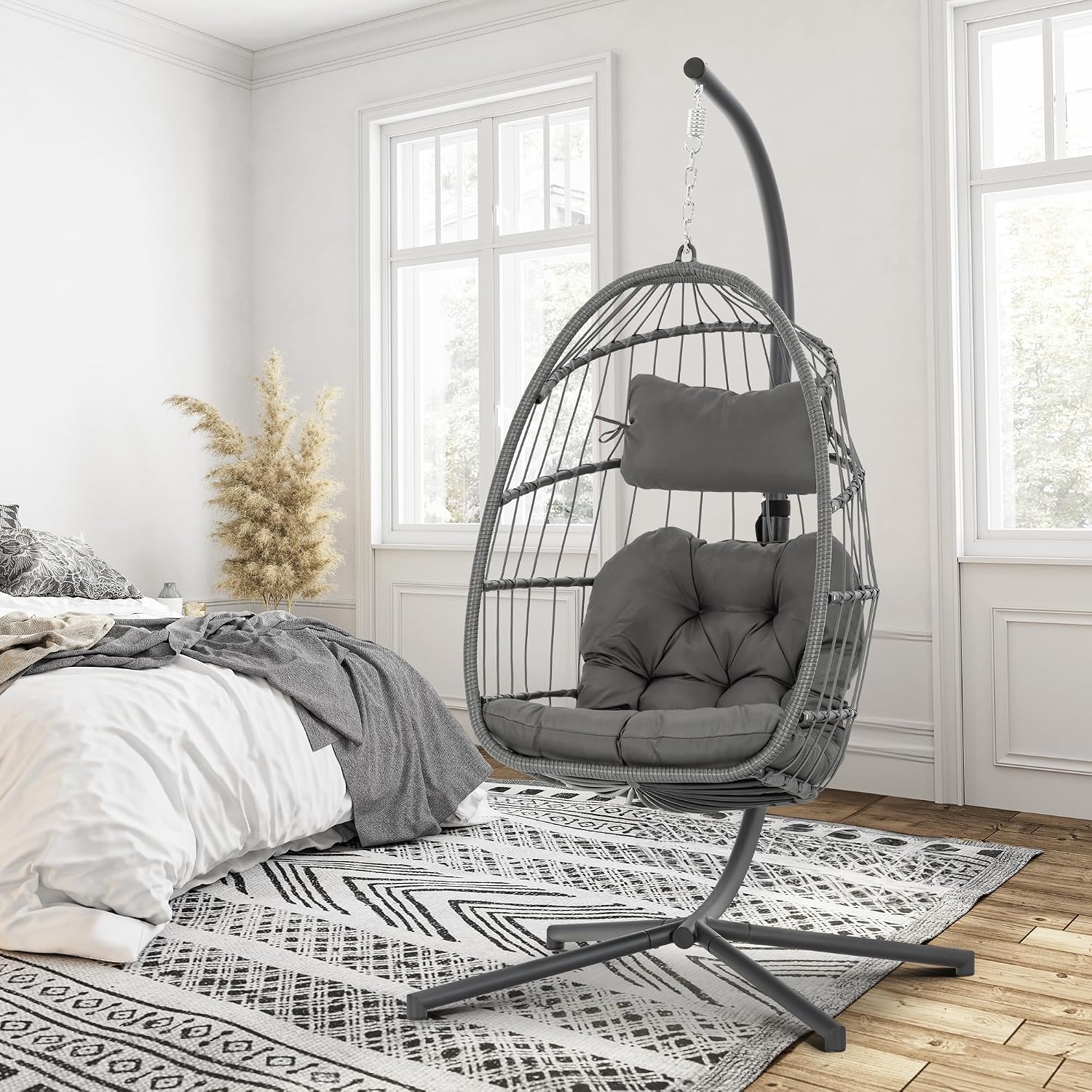 Brafab Swing Egg Chair, Hammock, Hanging Chair, Aluminum Frame and UV Resistant Cushion with Steel Stand, Indoor Outdoor Patio Porch Lounge Bedroom Hand Made Wicker Rattan, 350LBS Capacity