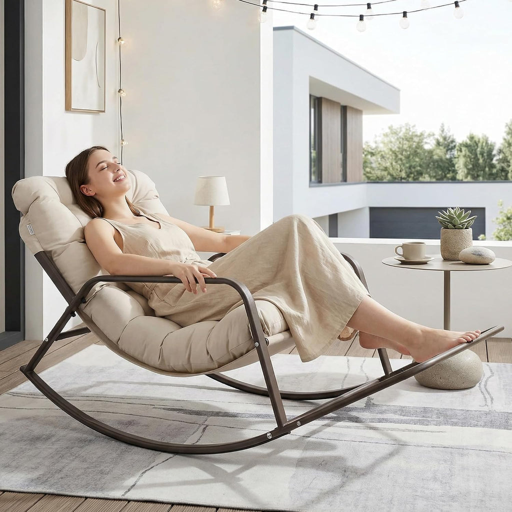 BULEXYARD Beige Oversized Indoor Outdoor Lounge Royal Rocking Chair with Armrest Footrest for Napping Relaxing, Heavy Duty Patio Reclining Papasan Rocker Chair with Padded Cushion for Porch, Sunroom