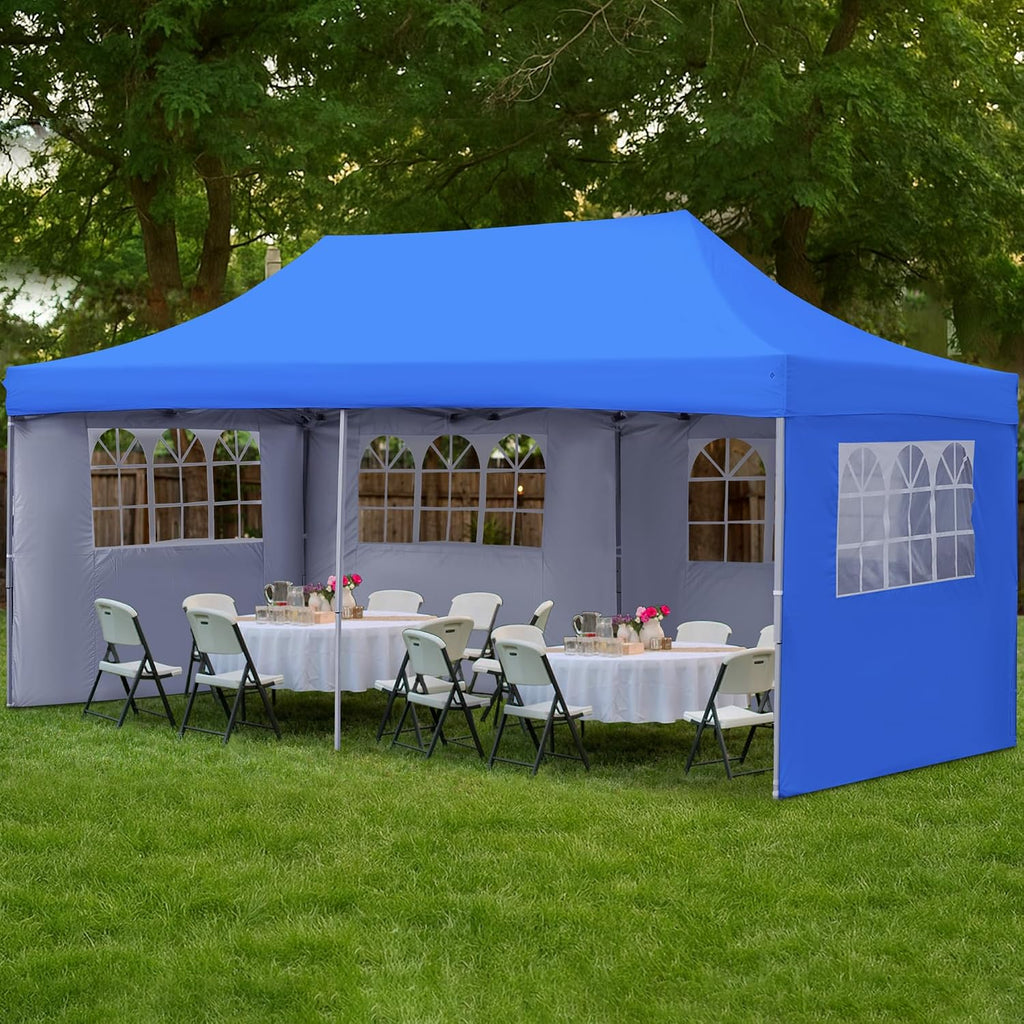 GDY 10'x20' Pop Up Canopy, Folding Party Tent with 4-Panel Removable Sidewalls, Heavy Duty Outdoor Commercial Instant Gazebo with Wheeled Bag, Blue.