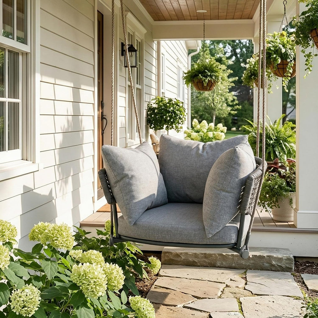 Single Seater Porch Swing, Macrame Hanging Swing Chair Outdoor, Hammock Chairs for Adults, Outdoor Patio Swings with Cushions, Rope Rattan Hanging Chairs, Reading Nook Chair for Bedroom, Grey