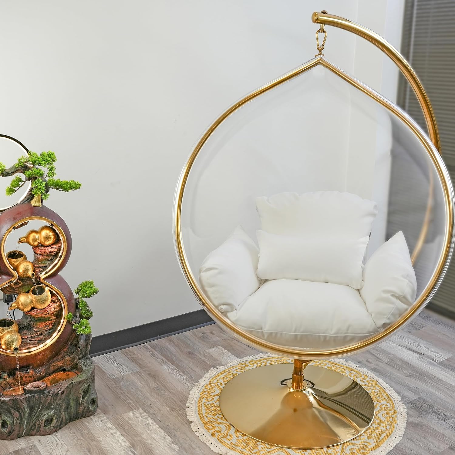 Hanging Chair - Transparent Acrylic Bubble, Waterdrop Shape, Indoor Swing Chair with Gold/Chrome Stand, Durable Fabric Cushion - Luxury Accent for Living Room, Bedroom (Gold/White)