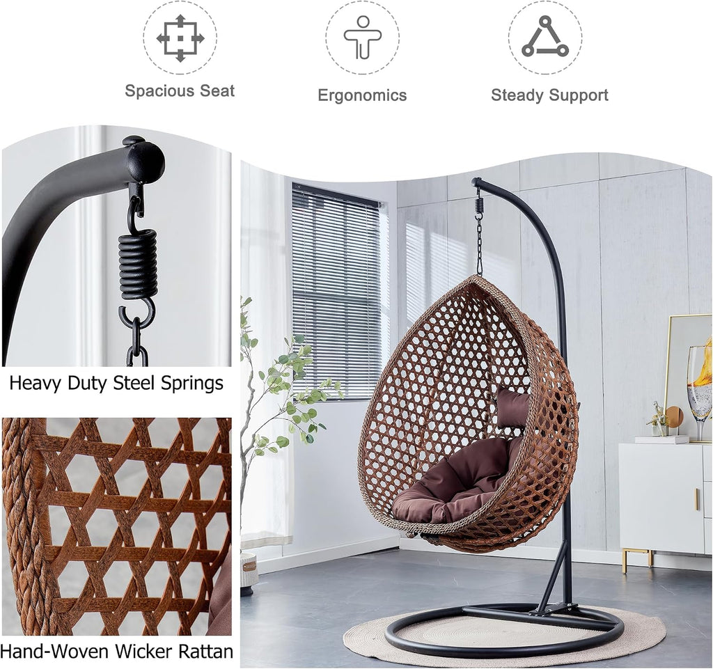Brown Egg Swing Chair with Stand,Hanging Egg Chair Indoor Outdoor with Cushion and Pillow,Modern Wicker Swing Chair,300lbs Capacity for Porch,Patio,Garden, Bedroom, Balcony,Yard