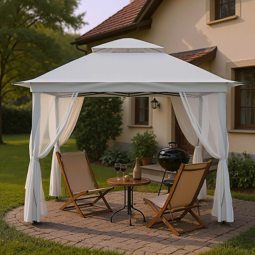 Pop Up Gazebo 11x11, Outdoor Instant Canopy Shelter Tent with Mosquito Netting Metal Frame Storage Bag for Patio Garden Backyard.(White)