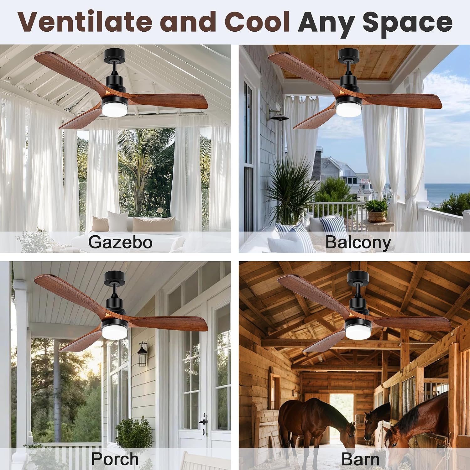 Outdoor Ceiling Fan with Light & Battery, 52' Solar Ceiling Fans for Outside 3 Speeds, Quiet Wood Walnut Fan with Adjustable Thermostat for Gazebo, Patios