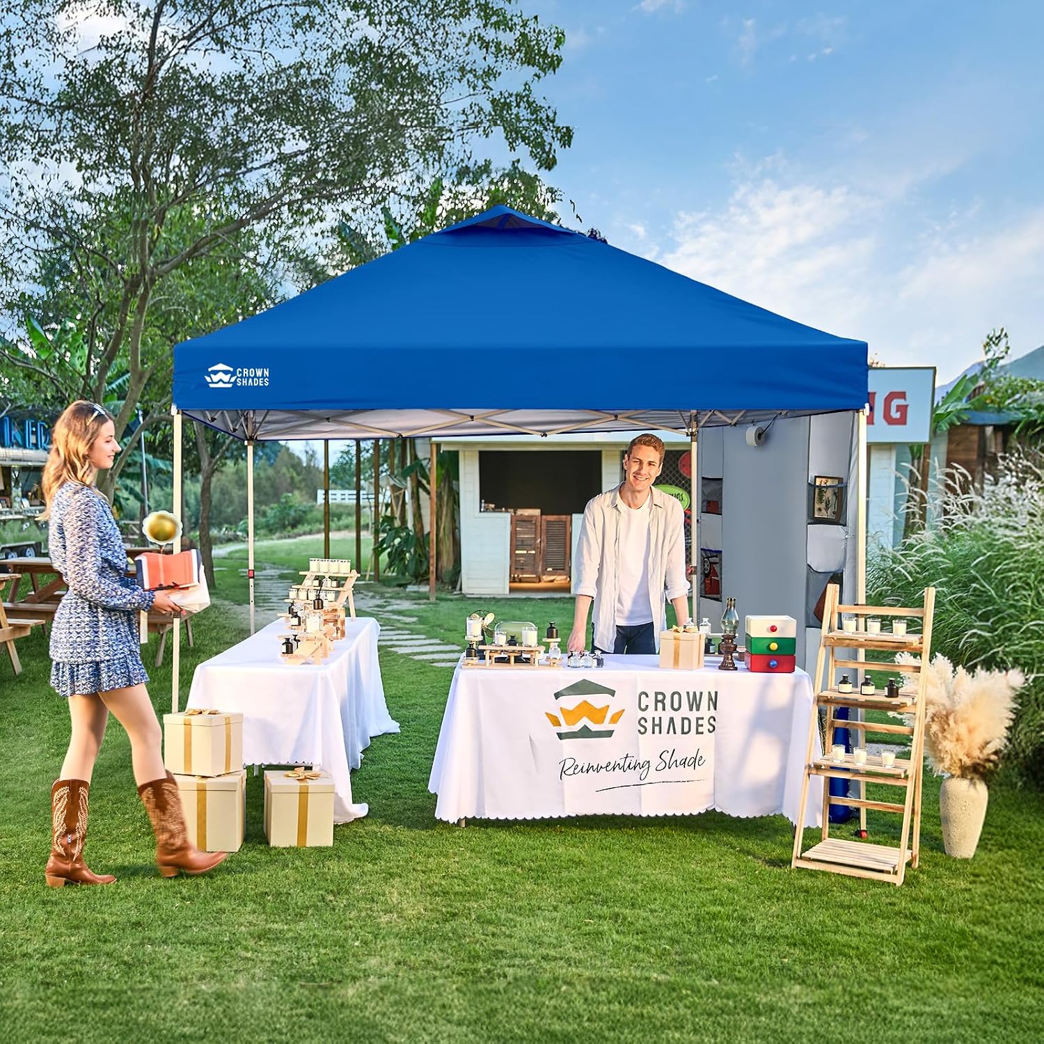 CROWN SHADES Canopy Tent, 10 x 10 Foot Portable Pop Up Outdoor Shelter with Pocket Sidewall, Push Center Lock, UV Protection, and Carry Bag, Blue
