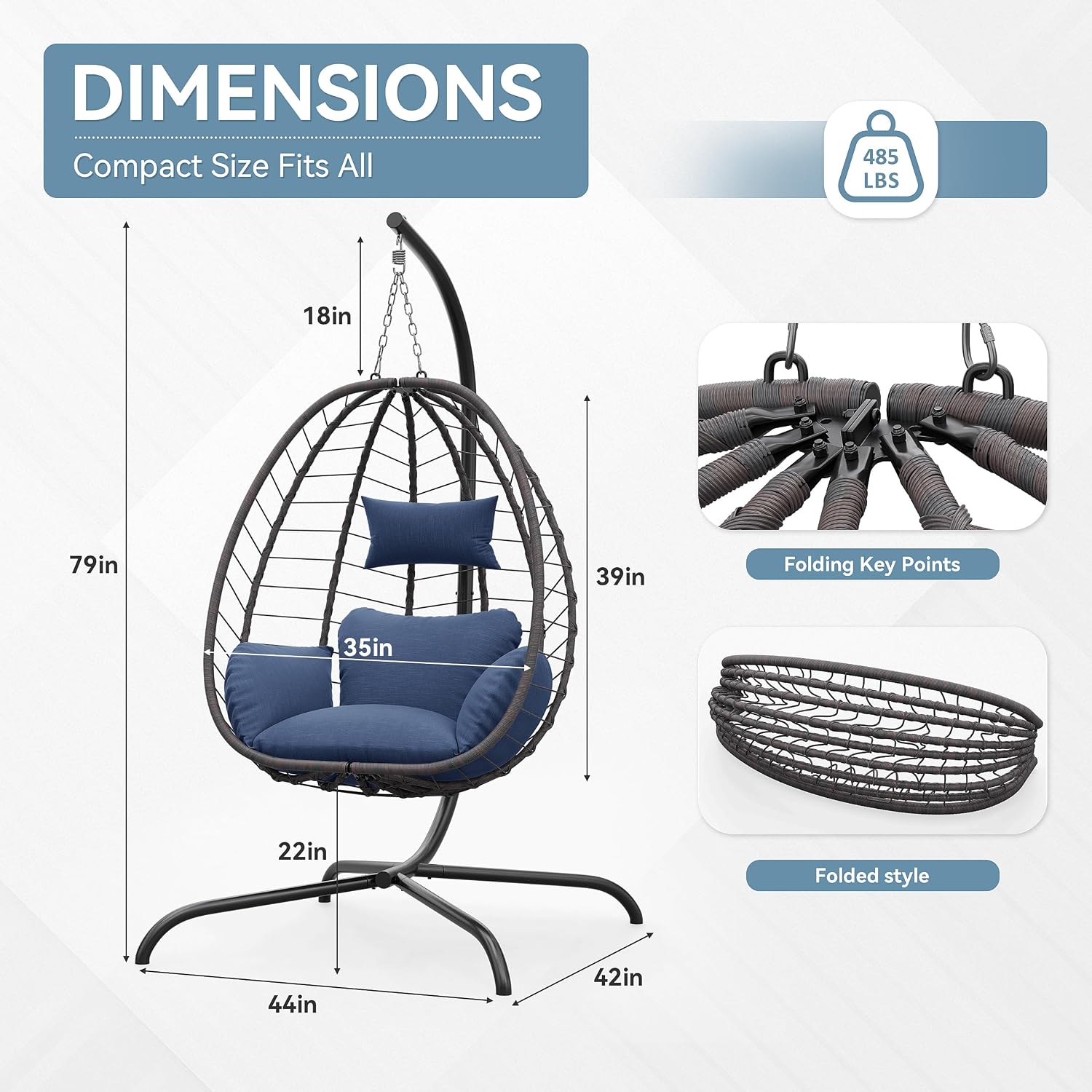 ALAULM Foldable Egg Chair with Stand, 485LBS Capacity Wicker Rattan Hammock Swing Chair for Outdoor & Indoor, Patio Hanging Chair with Strong Frame & UV Resistant Cushion for Balcony, Bedroom, Blue