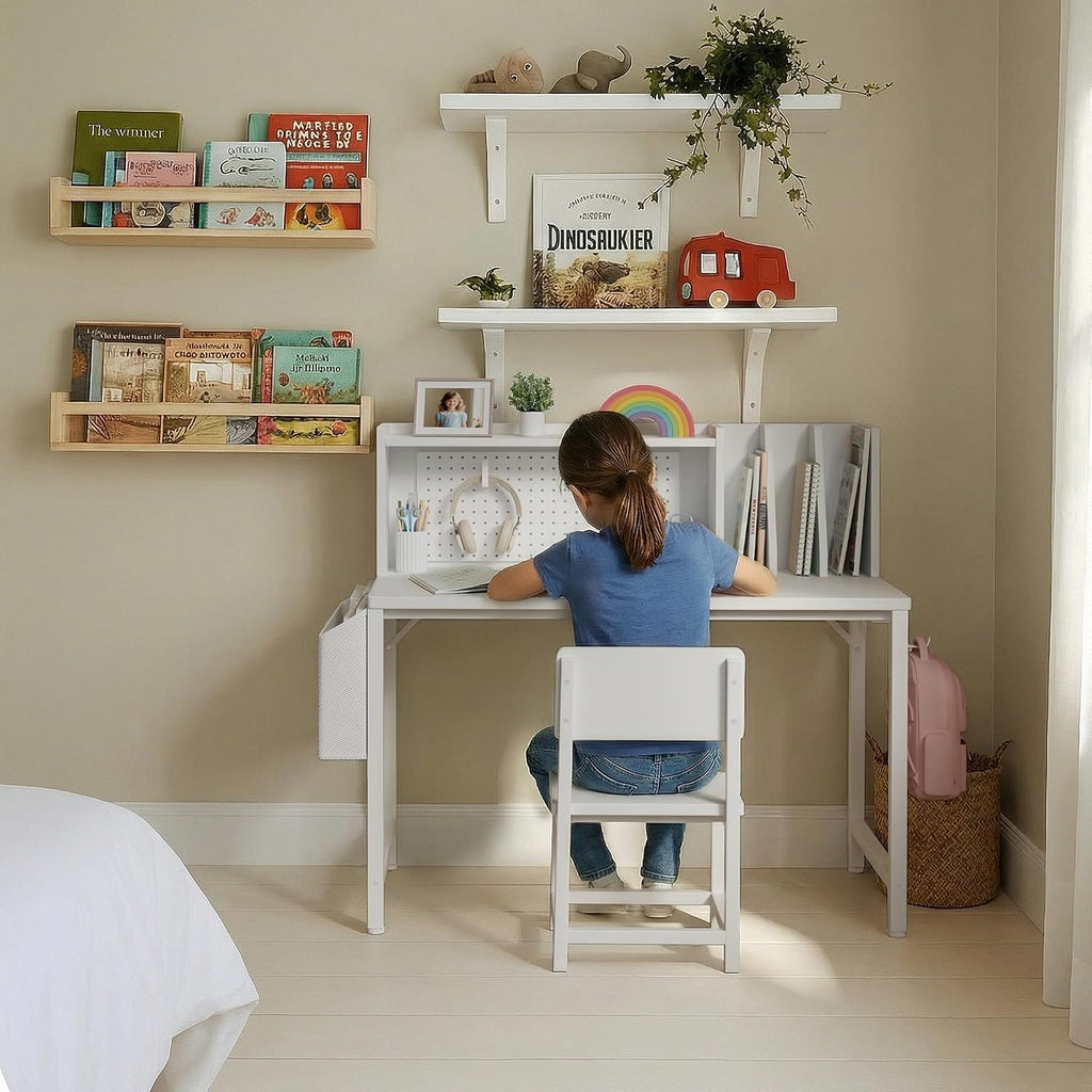 BOLUO Kids Desk and Chair Set for 6-12 Year Old, Children Study Desk with Hutch and Pegboard, Student Writing Table with Storage Shelf for Girls Boys