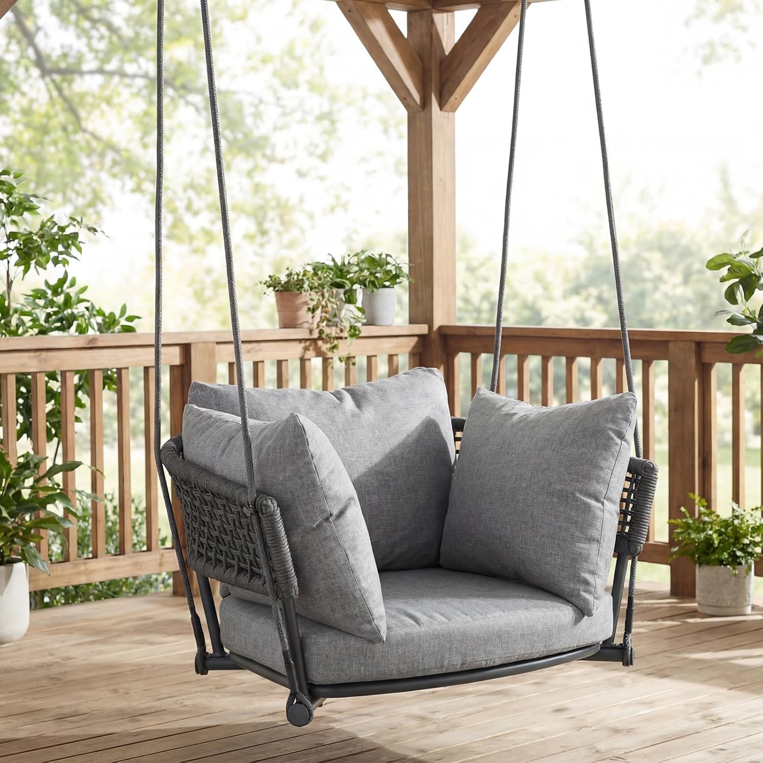 Single Porch Swings Chair with Cushions, Hanging Rope Swing, Hanging Chair for Bedroom, Hammock Chairs Swing Indoor & Outdoor, Macrame Hanging Swinging, Patio, Balcony, Light Grey