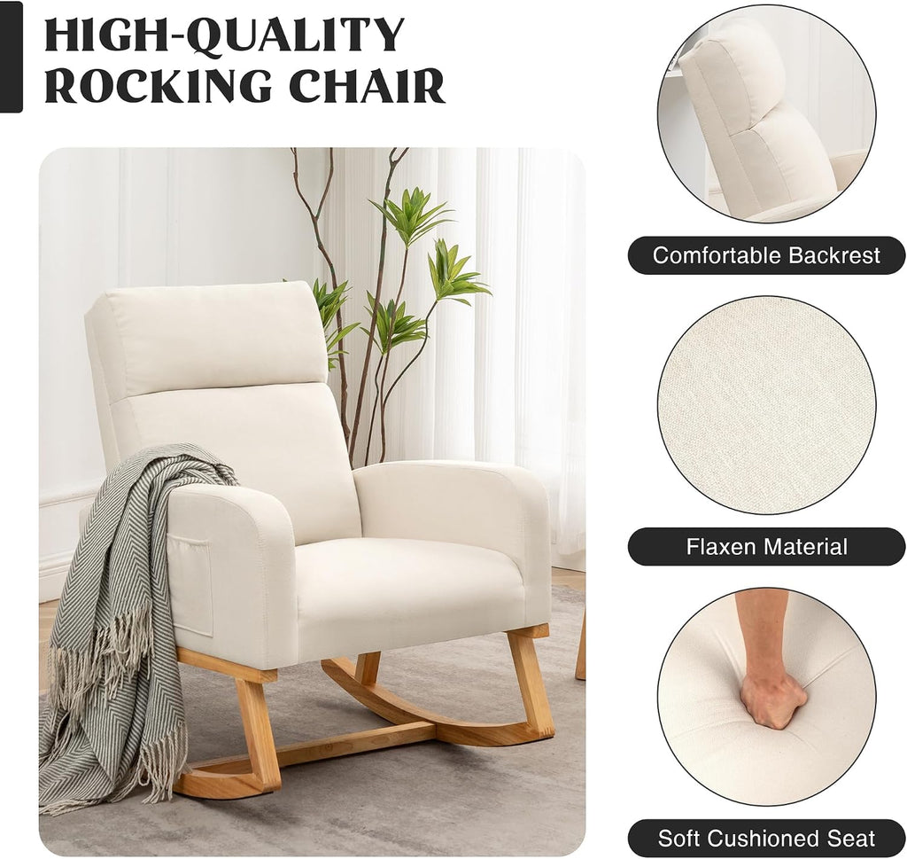 HCHAIRH Rocking Chair Nursery, Upholstered Nursing Rocker Chairs with High Backrest, Modern Glider Rocking Chair for Nursery Living Room, Bedroom, Cream