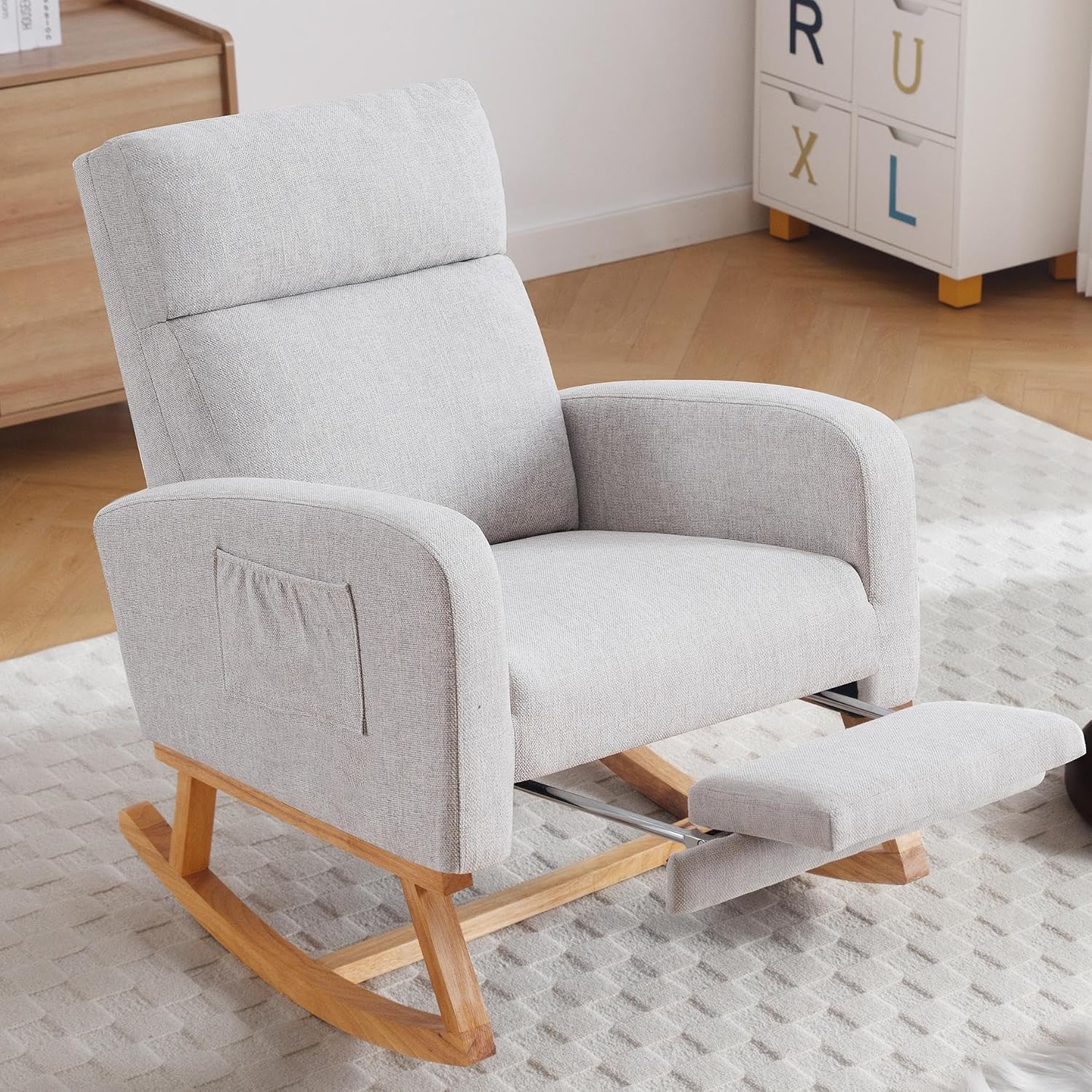 HCHAIRH Rocking Chair Nursery with Foot Rest, Nursing Rocking Chairs for Mom Breastfeeding, Rocker Glider Chair with High Backrest for Living Room, Bedroom, Light Grey