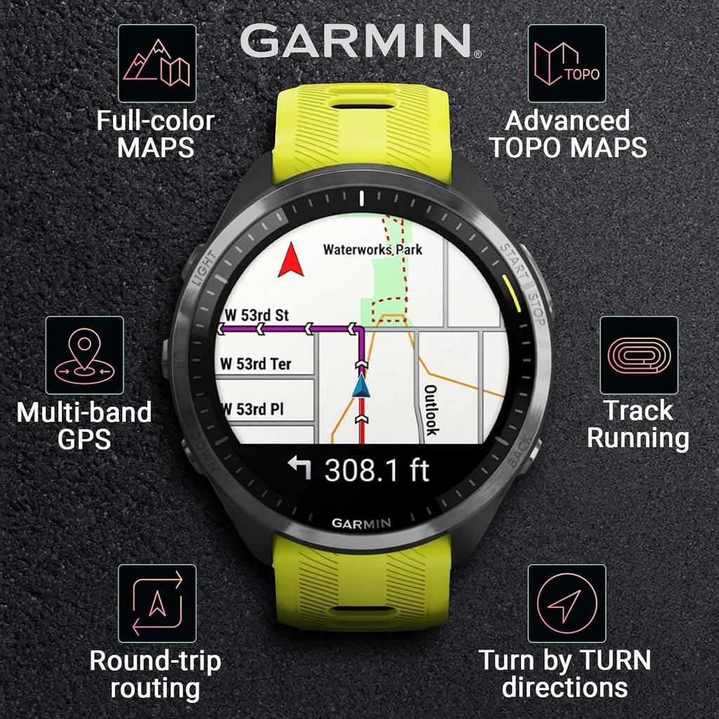 Garmin Forerunner 965 Premium GPS Running and Triathlon 47 mm Smartwatch with AMOLED Touchscreen Display, Carbon Gray DLC Titanium Bezel and Yellow Silicone Band + Black Earbuds Bundle