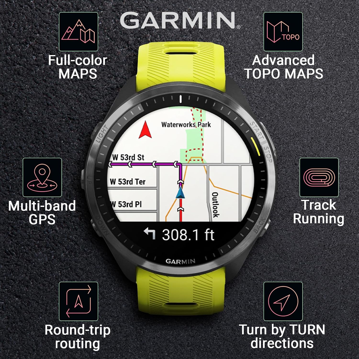 Garmin Forerunner 965 Premium GPS Running and Triathlon 47 mm Smartwatch with AMOLED Touchscreen Display, Carbon Gray DLC Titanium Bezel and Yellow Silicone Band + Black Earbuds Bundle