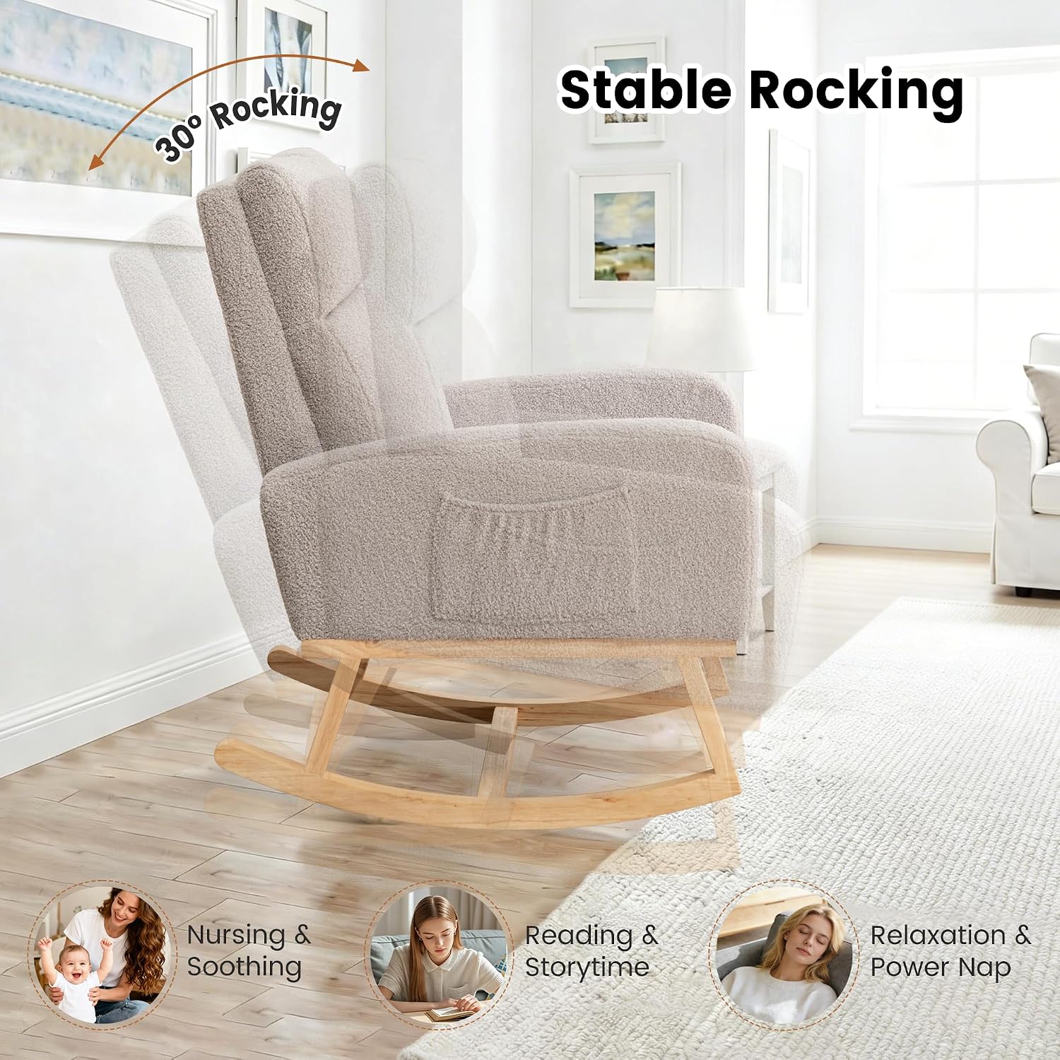 Rocking Chair Nursery, Nursery Rocker Chairs for Mom with High Backrest and Solid Wood Legs, Teddy Modern Glider Chairs for Nursing Living Room Bedroom, Light Grey