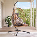 Yechen Hanging Egg Chair with Stand & Footrest, Foldable Wicker Rattan Swing Chair for Indoor Outdoor, Patio Hammock Chair with UV-Resistant Cushion, 350 lbs Capacity for Bedroom Porch Garden