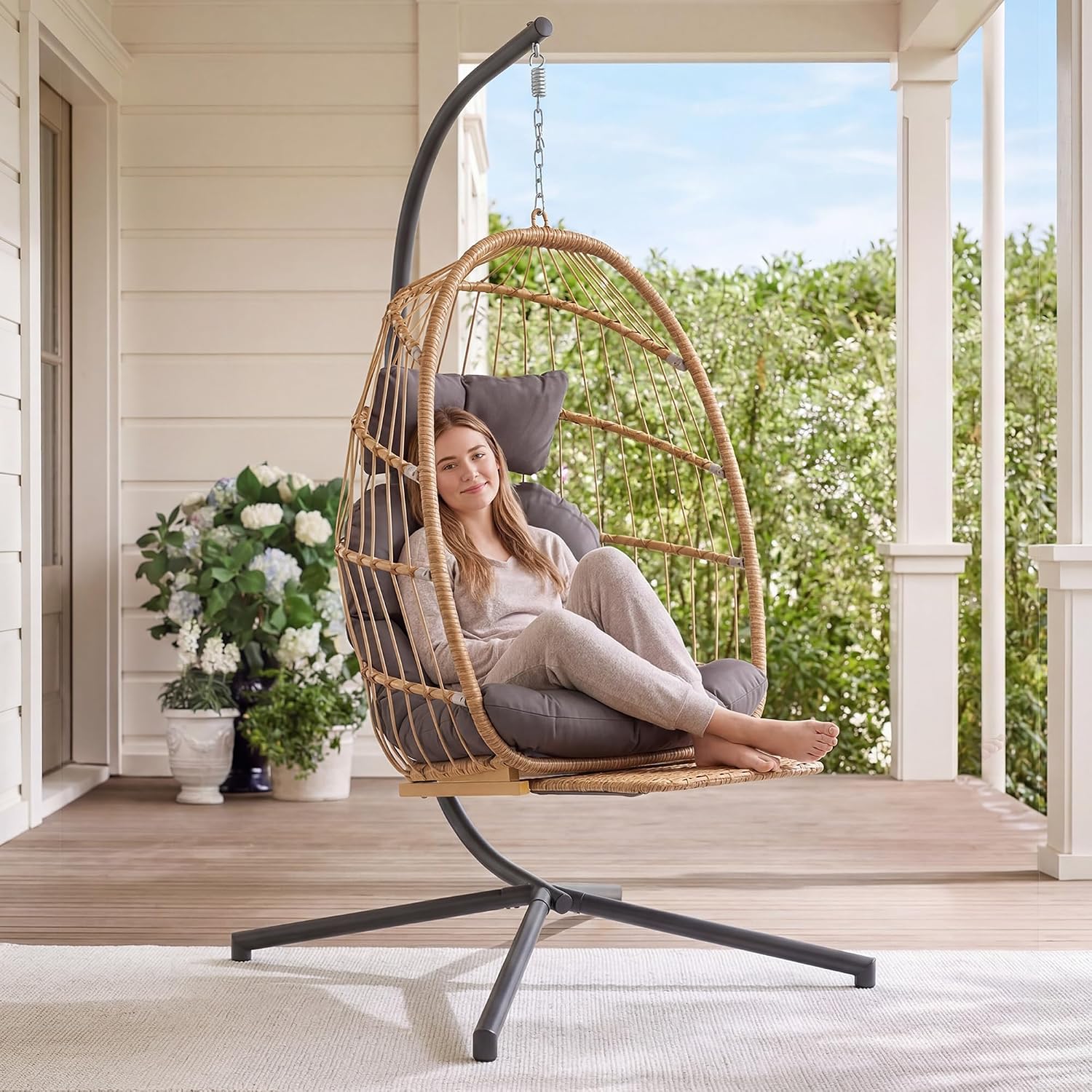 Yechen Hanging Egg Chair with Stand & Footrest, Foldable Wicker Rattan Swing Chair for Indoor Outdoor, Patio Hammock Chair with UV-Resistant Cushion, 350 lbs Capacity for Bedroom Porch Garden
