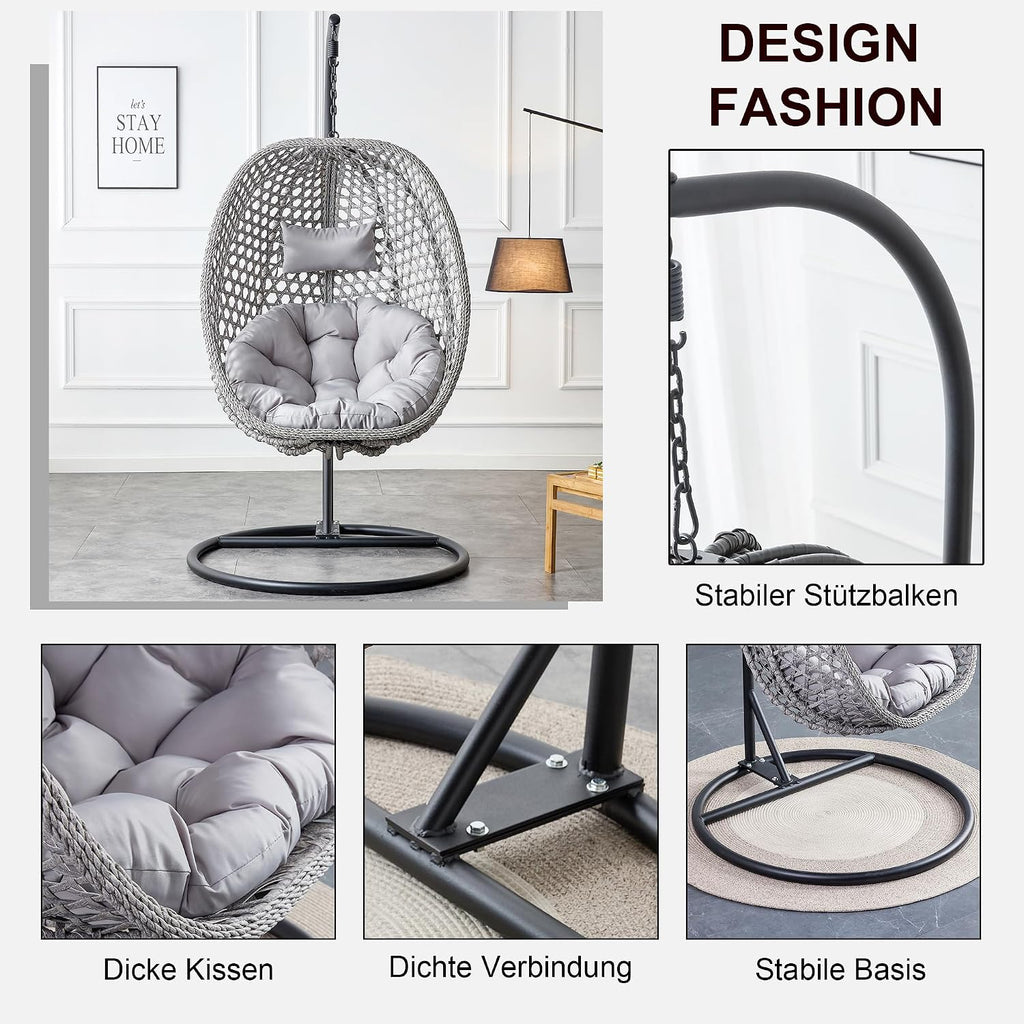 Egg Swing Chair Outdoor with Stand, Swinging Chair Outdoor,Hanging Egg Chairs with Cushion and Pillow, Foldable Basket and Metal Stand for Porch, Patio, Bedroom, Balcony (Grey)