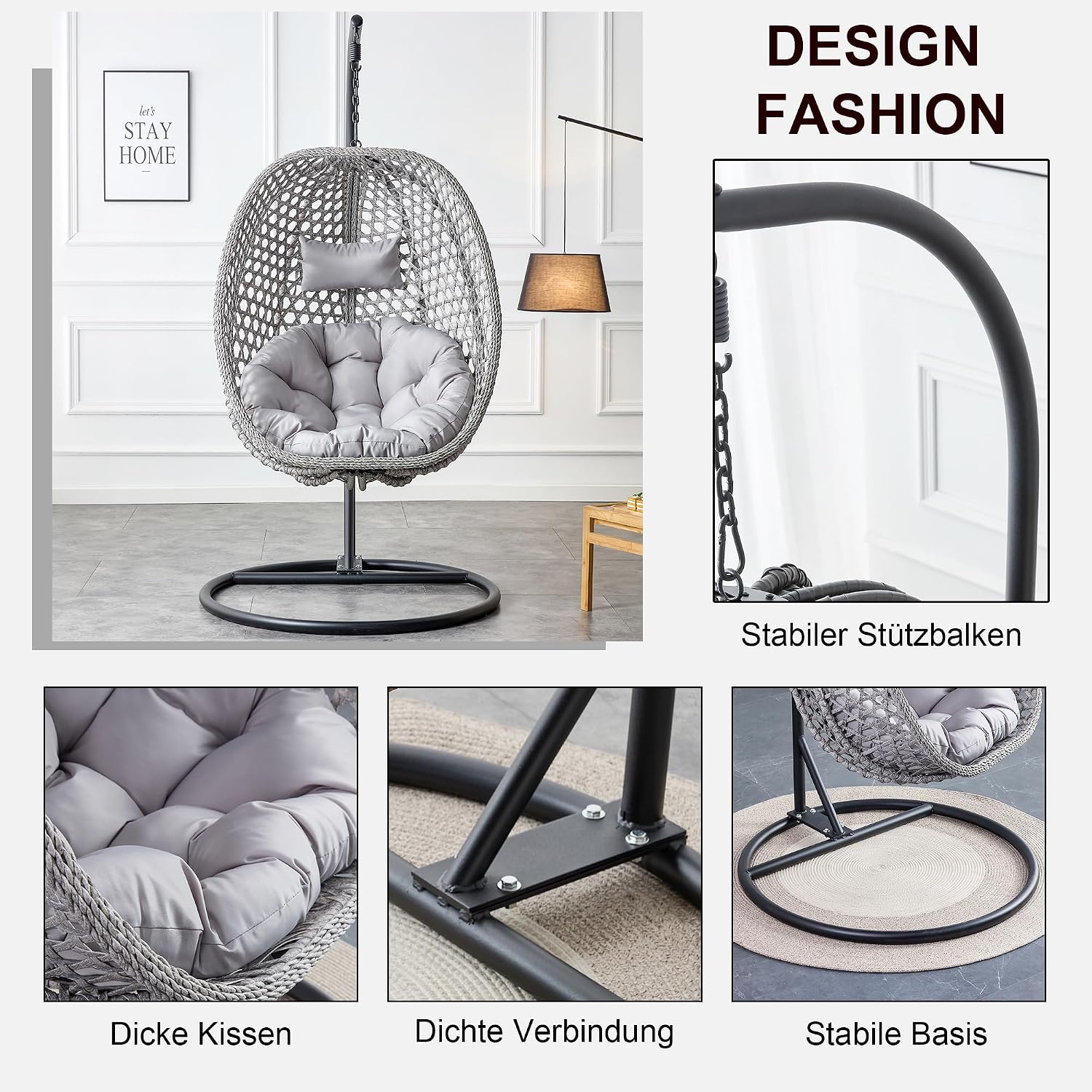 Egg Swing Chair Outdoor with Stand, Swinging Chair Outdoor,Hanging Egg Chairs with Cushion and Pillow, Foldable Basket and Metal Stand for Porch, Patio, Bedroom, Balcony (Grey)