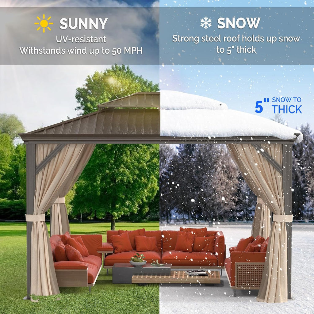 VINGLI 10' x 12' Outdoor Hardtop Gazebo Galvanized Steel Double Roof Outdoor Gazebo with Netting and Curtains Aluminum Frame for Garden,Patio,Lawn,Party