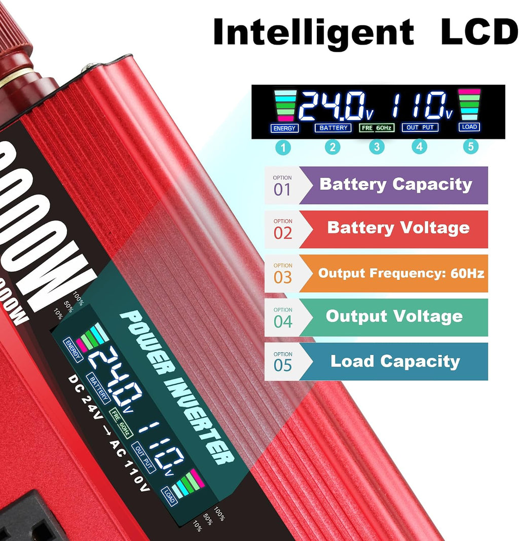Cantonape 3000W Power Inverter 24V to 110V/120V DC to AC with LCD Display, Remote Controller 4 x AC Outlets and 4 x 3.1A USB Car Adapter for Car Truck Boat RV Solar System